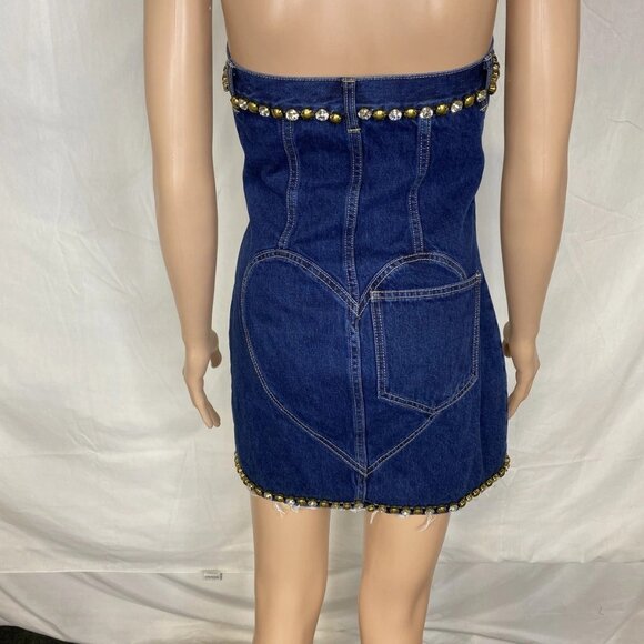 NEW AREA Women's Strapless Crystal Embellished Denim Mini Dress – Size 4 – Blue - Picture 6 of 13